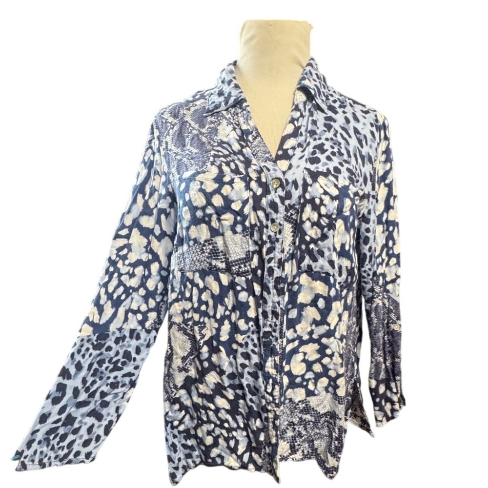 Ruby Rd Patchwork Button Down Shirt Womens Large Blue Animal Print Tunic Top